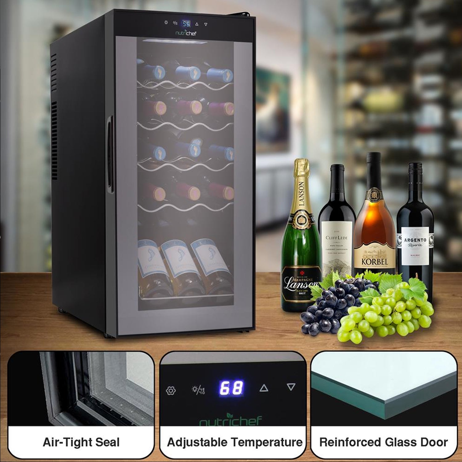 NutriChef Digital 15 Bottle Thermoelectric Wine Chiller Cooler, Black (Open Box) - VMInnovations