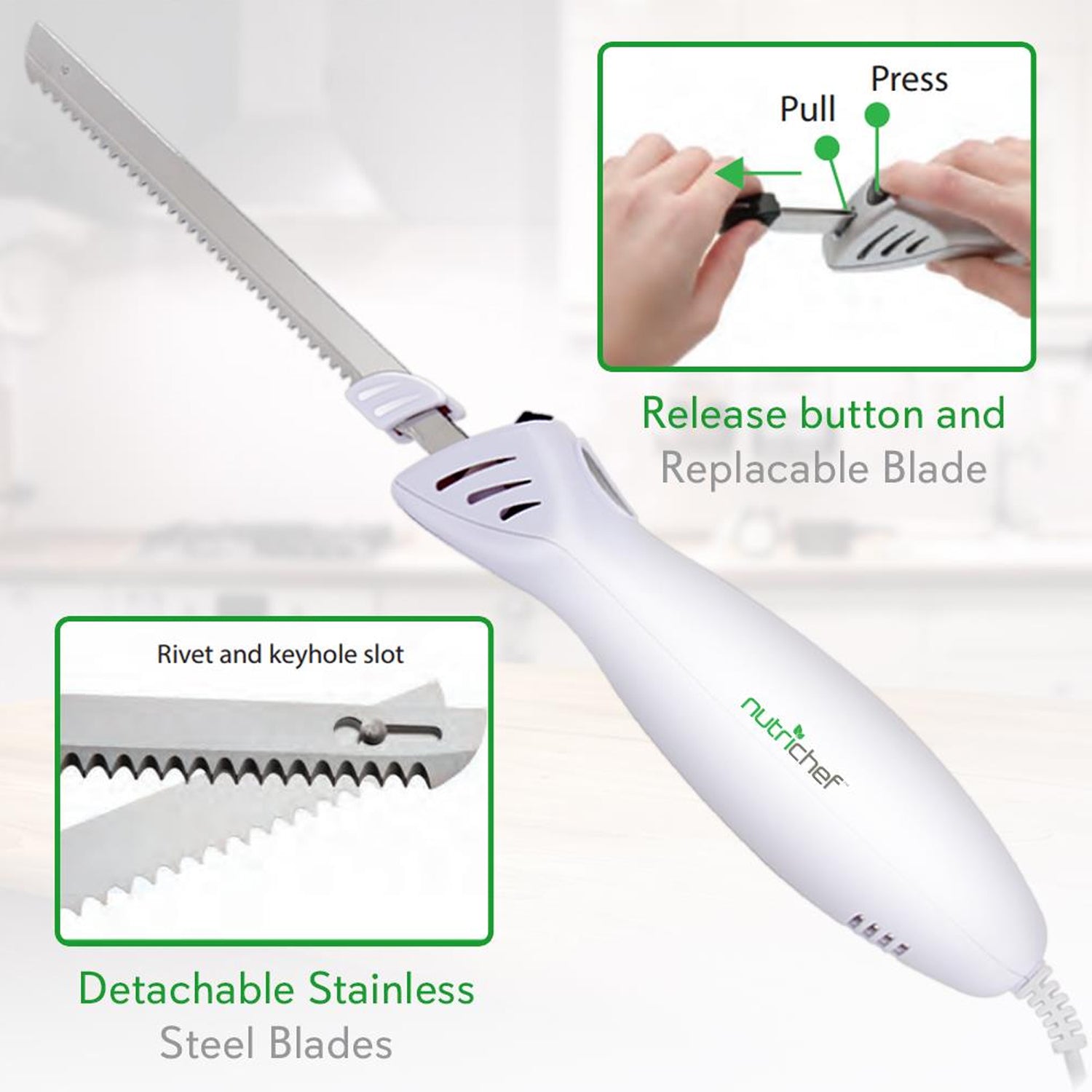 NutriChef 2 Blade Serrated Electric Knife w/ Butcher Block Storage Tray (2 Pack)