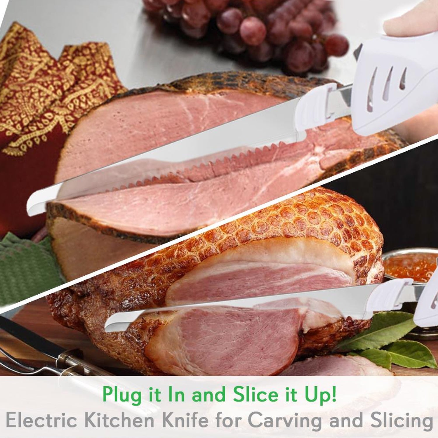 NutriChef 2 Blade Serrated Electric Knife w/ Butcher Block Storage Tray (2 Pack)