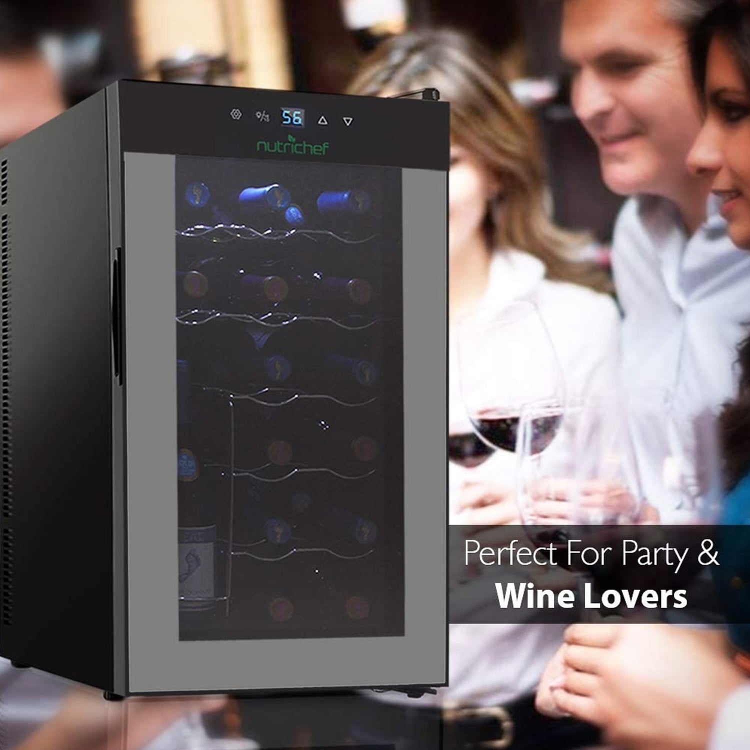 NutriChef Digital Electric 18 Bottle Thermoelectric Wine Chiller Cooler, Black