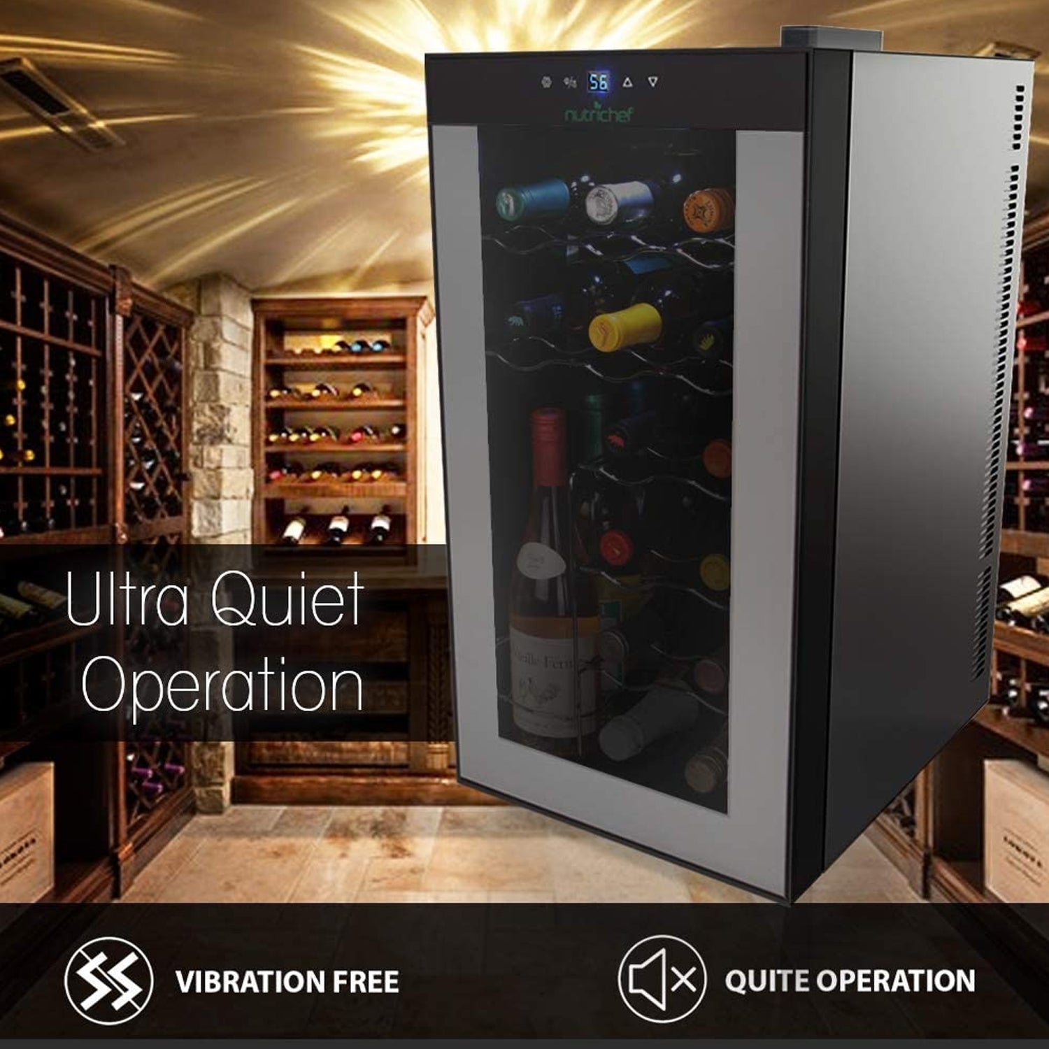 NutriChef Digital Electric 18 Bottle Thermoelectric Wine Chiller Cooler, Black