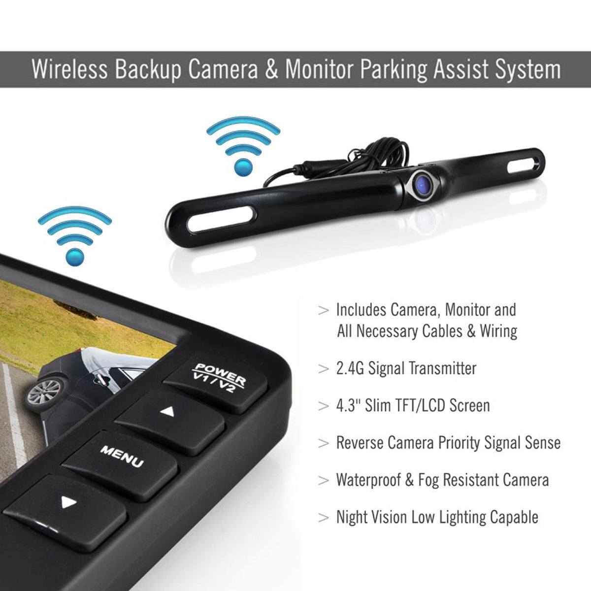 Pyle Adjustable Rearview Backup Car Camera with 4.3 Inch Monitor (Open Box)