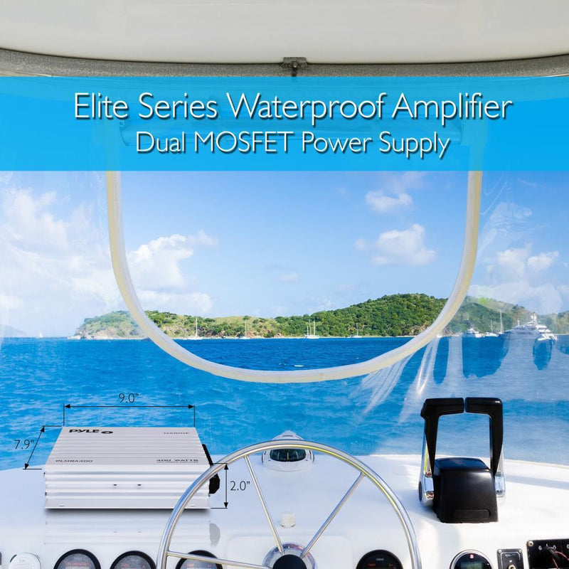 Pyle PLMRA400 400 Watt 4 Channel Marine Boat Audio Amplifier, White (2 Pack)