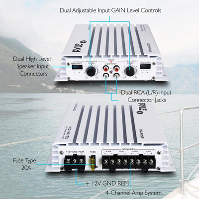 Pyle PLMRA400 400 Watt 4 Channel Waterproof Marine Boat Audio Amplifier, White