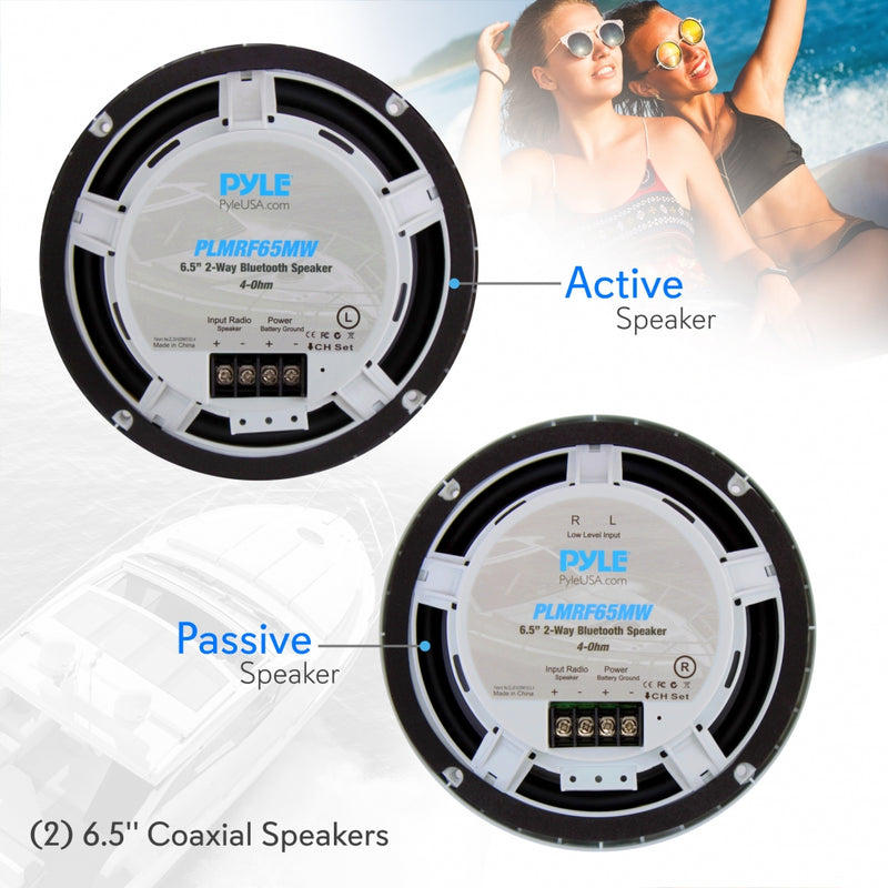 Pyle PLMRF65MW 6.5 Inch 600W 2 Way Waterproof Bluetooth Marine Speakers (2 Pair)