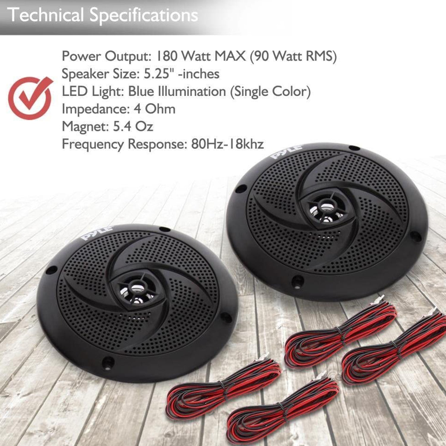 Pyle PLMRS53BL 5.25 Inch Waterproof Low Profile Marine Speakers, Black (8 Pack)