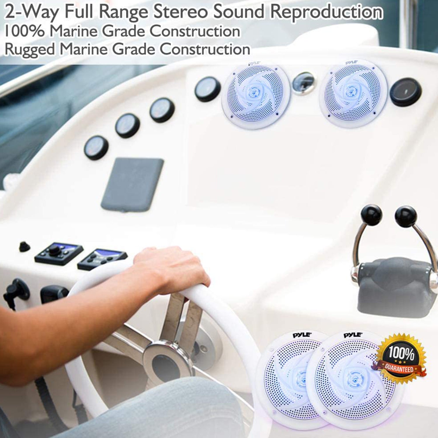 Pyle 6.5 Inch Waterproof Low Profile Marine Speakers, White (2 Pack) (Open Box)