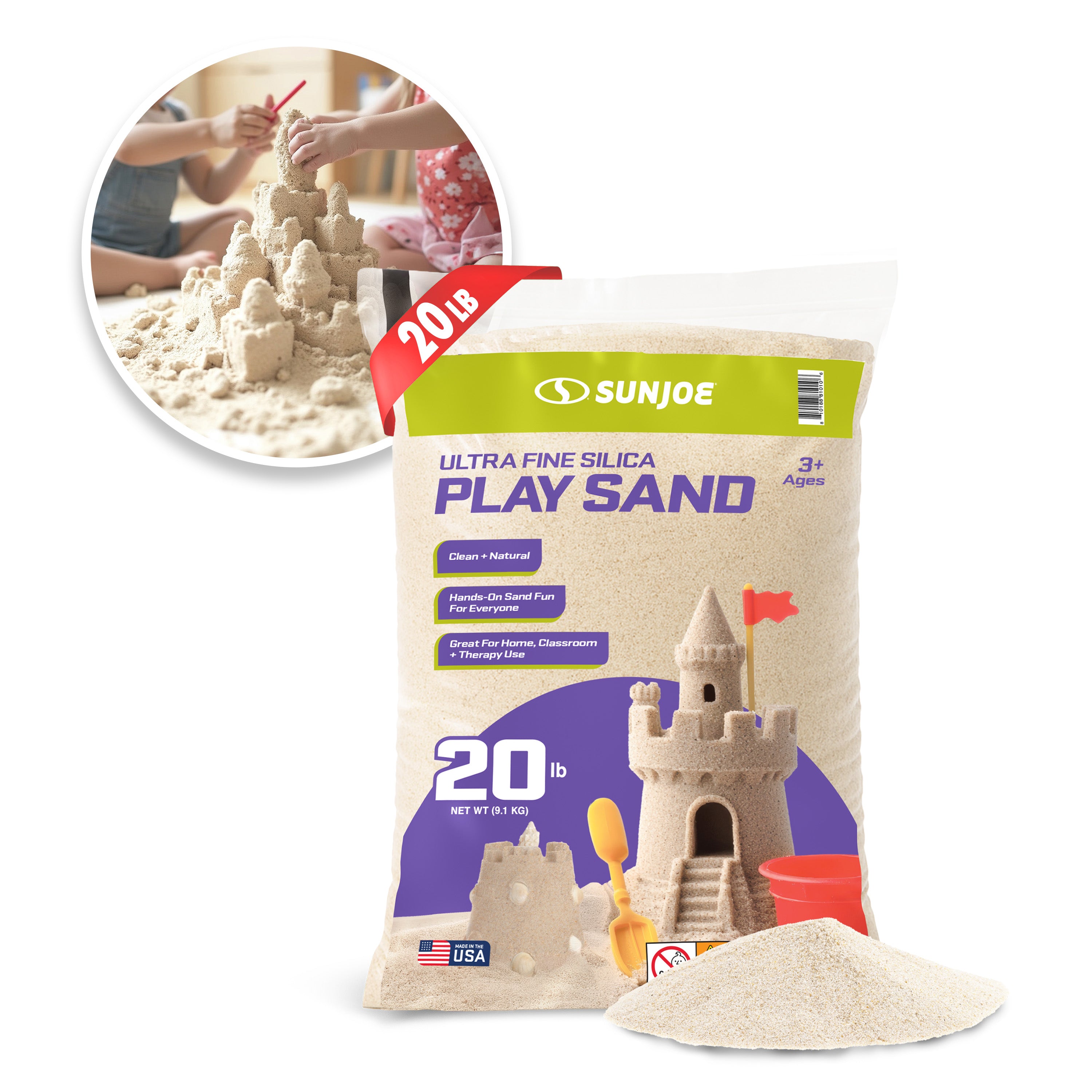 Sun Joe Ultra Fine Silica Play Sand for Sandboxes and Sensory Tables, 20lb, PLYSAND20