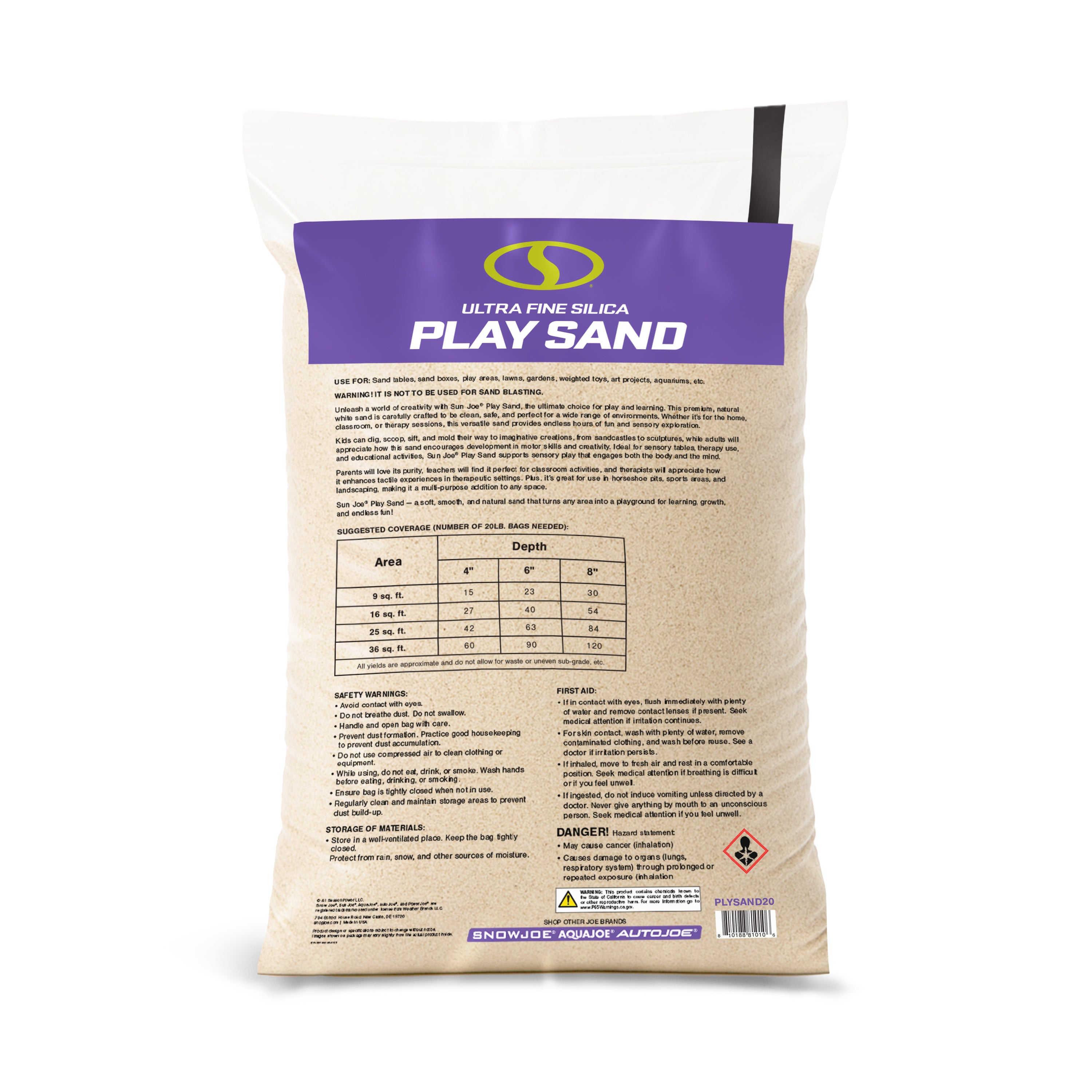 Sun Joe Ultra Fine Silica Play Sand for Sandboxes and Sensory Tables, 20lb, PLYSAND20