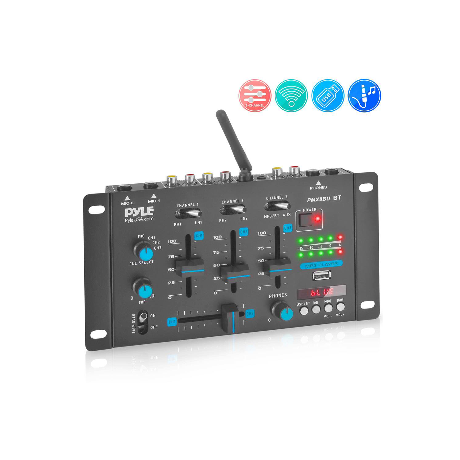 Pyle PMX8BU 3 Channel Bluetooth DJ Sound Board Mixer with Mic Talkover (2 Pack)