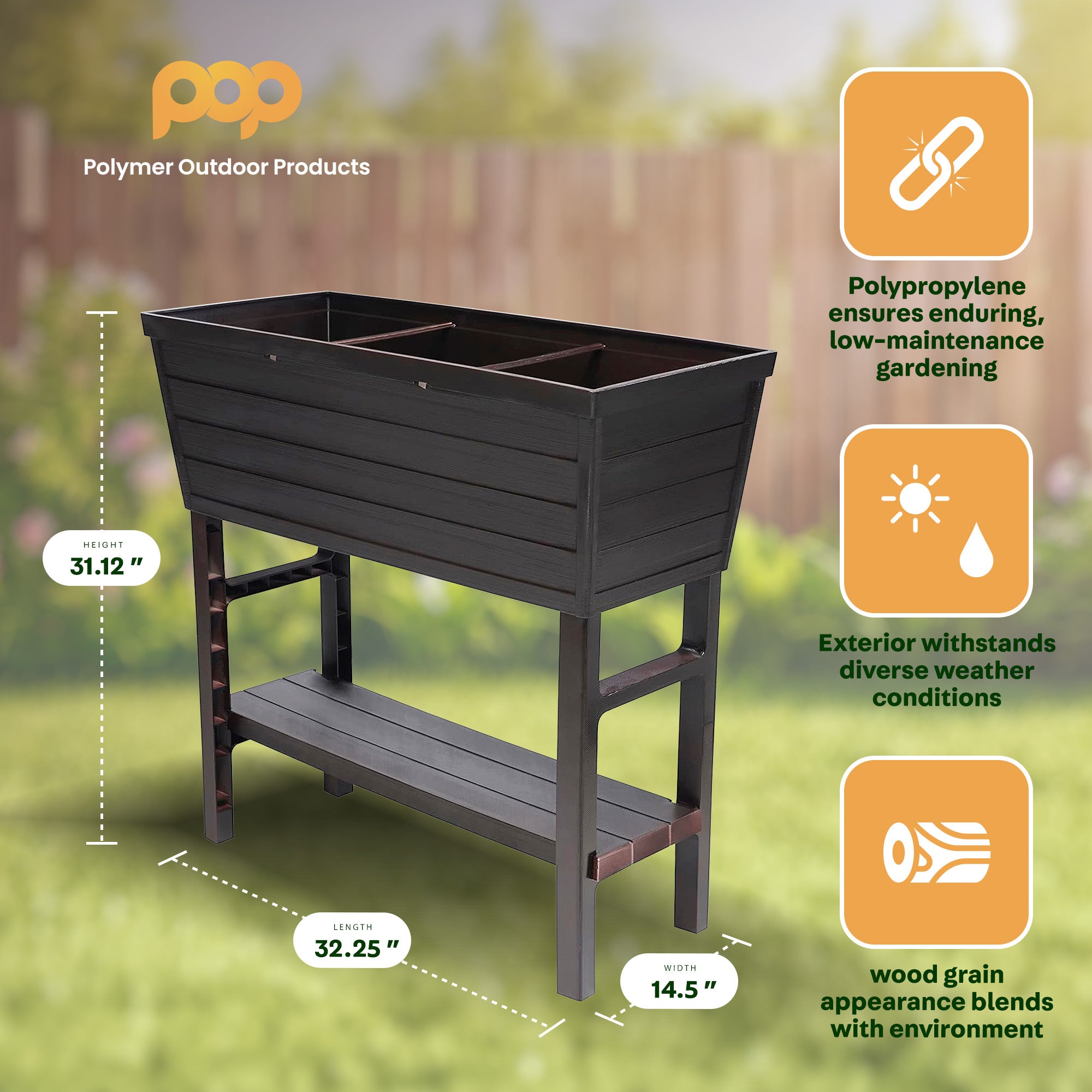 Polymer Outdoor Products 14.5" L x 32.25" W x 31.12" H Raised Garden Bed, Brown