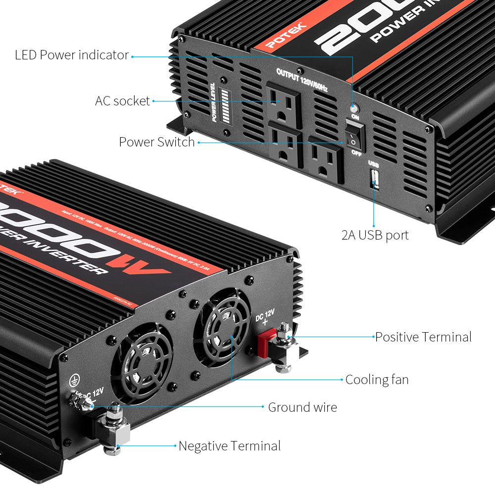 Potek MA2000-1111 2000W 3 AC Outlet & USB Port Portable Power Inverter, Black