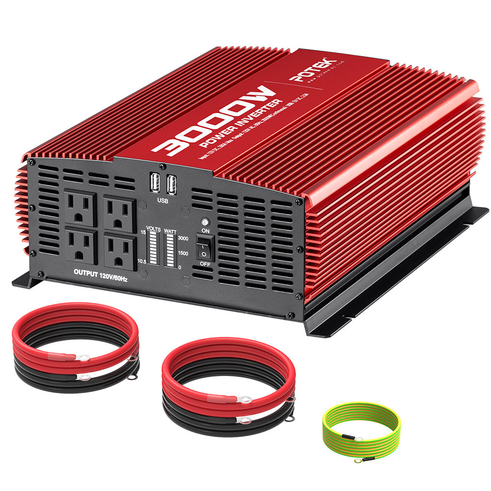 Potek 3000W 4 AC Outlet & 2 USB Port Portable Power Inverter, Red (Open Box)