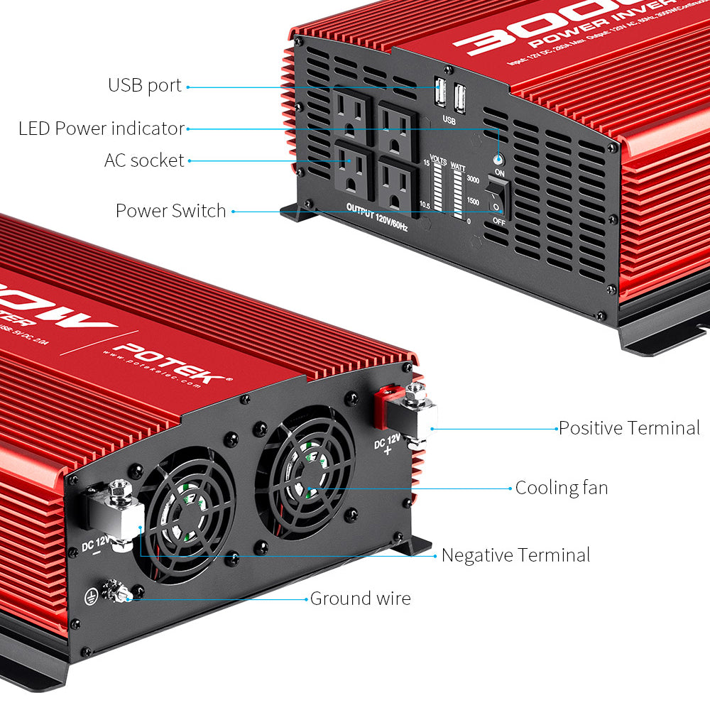 Potek 3000W 4 AC Outlet & 2 USB Port Portable Power Inverter, Red (Open Box)