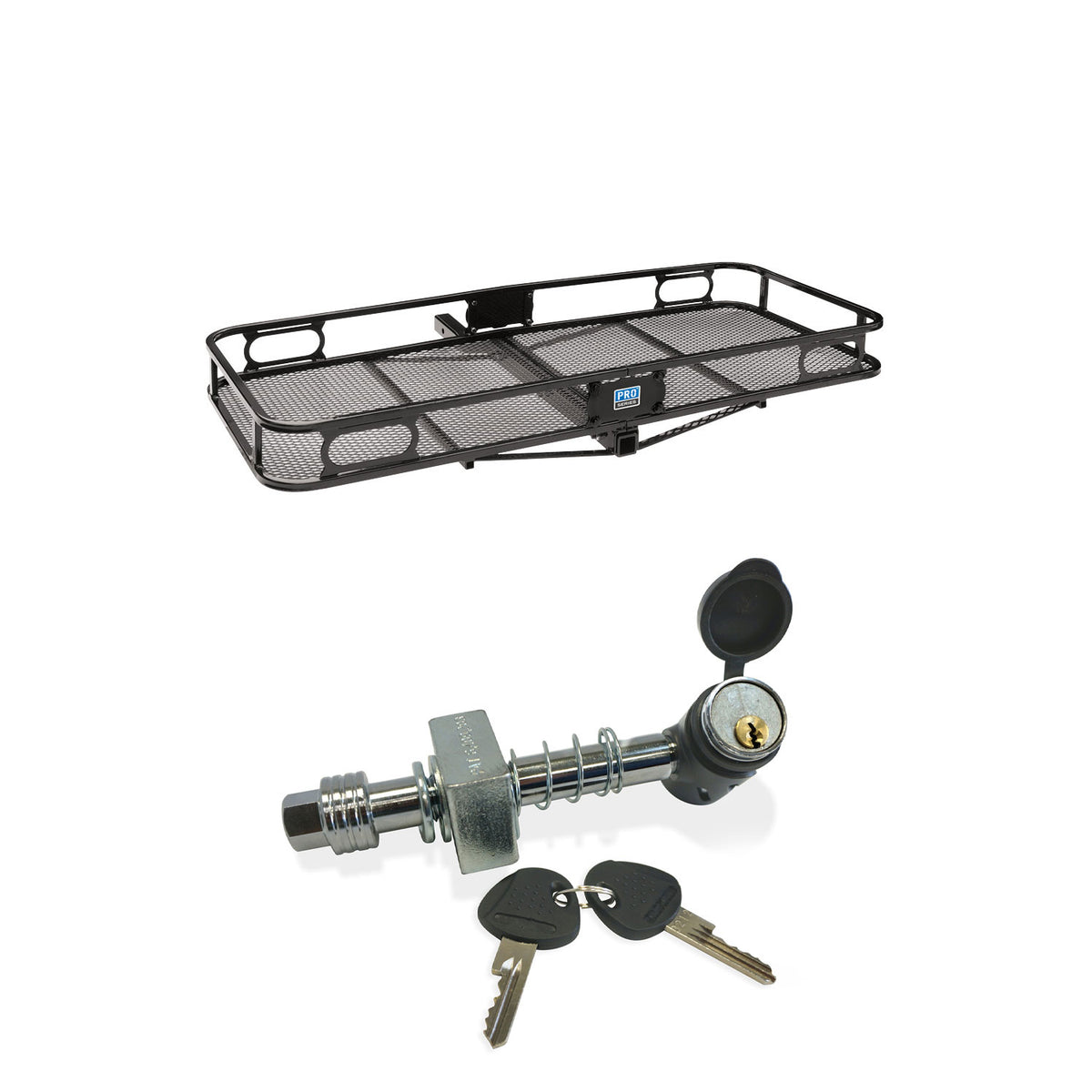 Pro Series Cargo Basket + 5/8" Silent Hitch Pin Press-On Lock for 2" Hitches
