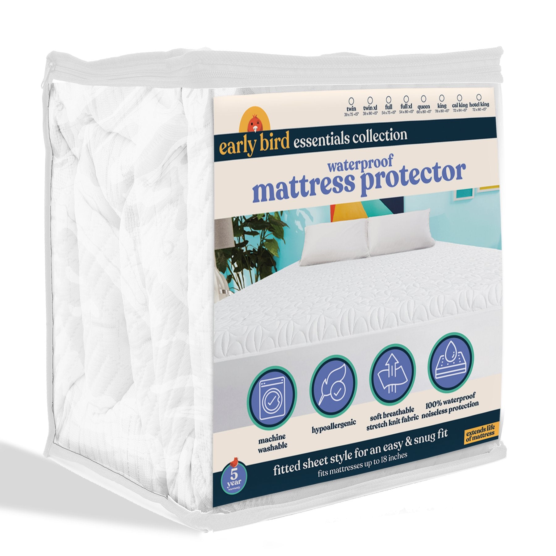 Early Bird Essentials Waterproof Breathable Fitted Mattress Protector Pad, Queen - VMInnovations