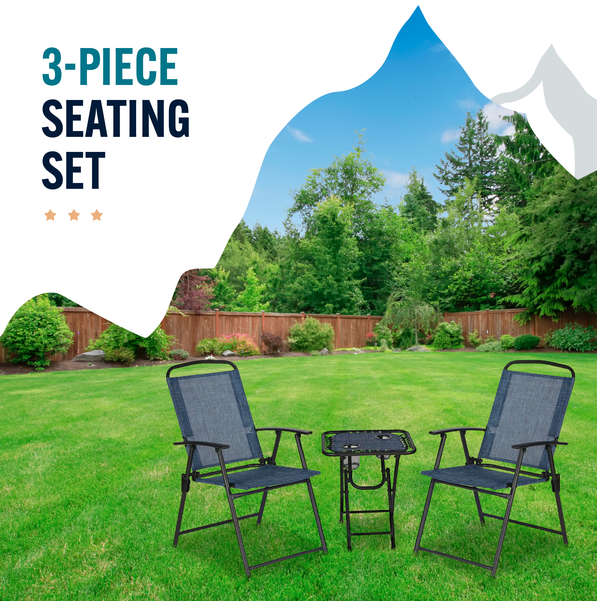 Trappers Peak 3-Piece Folding Outdoor Patio Chairs and Table, Blue - VMInnovations
