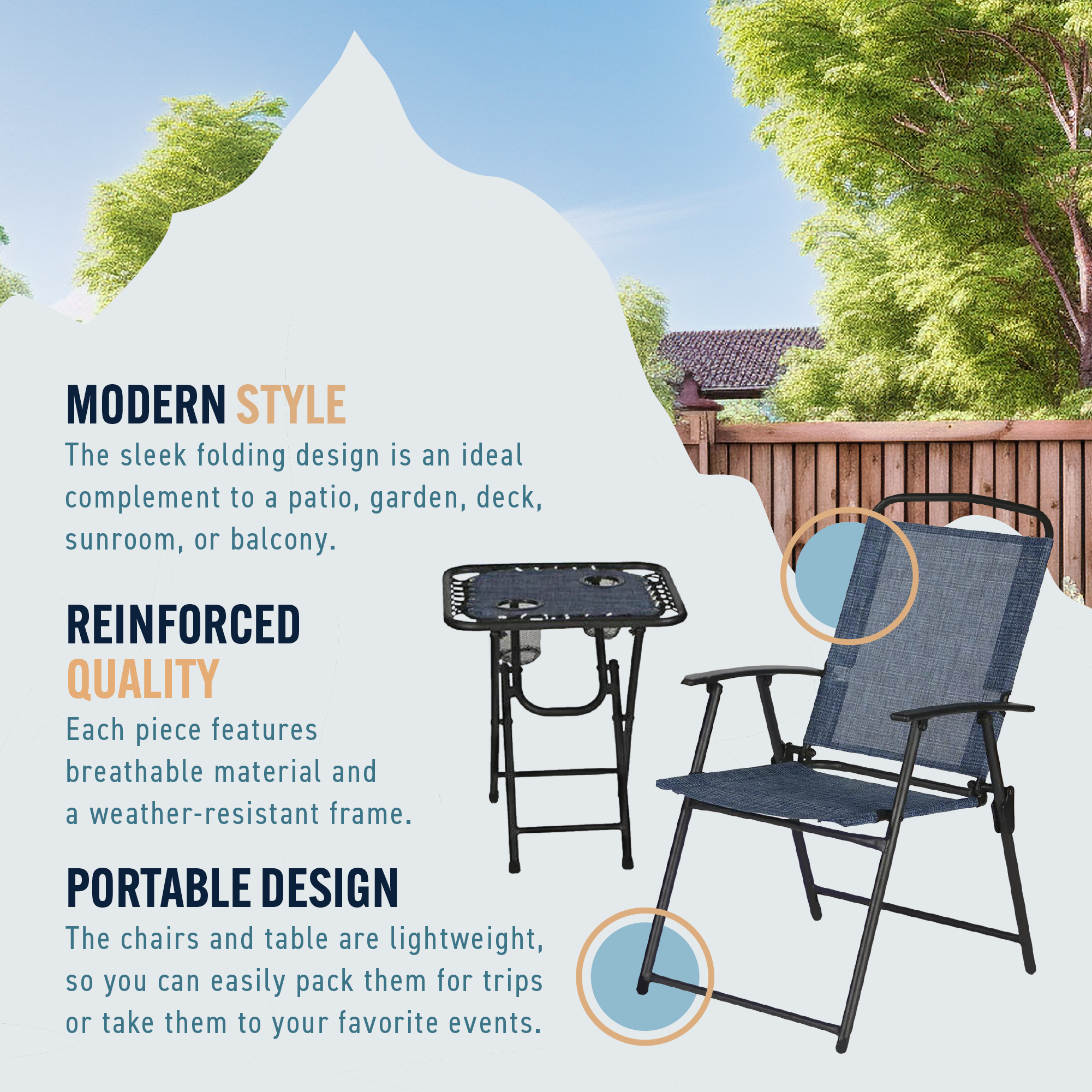 Trappers Peak 3-Piece Folding Outdoor Patio Chairs and Table, Blue - VMInnovations