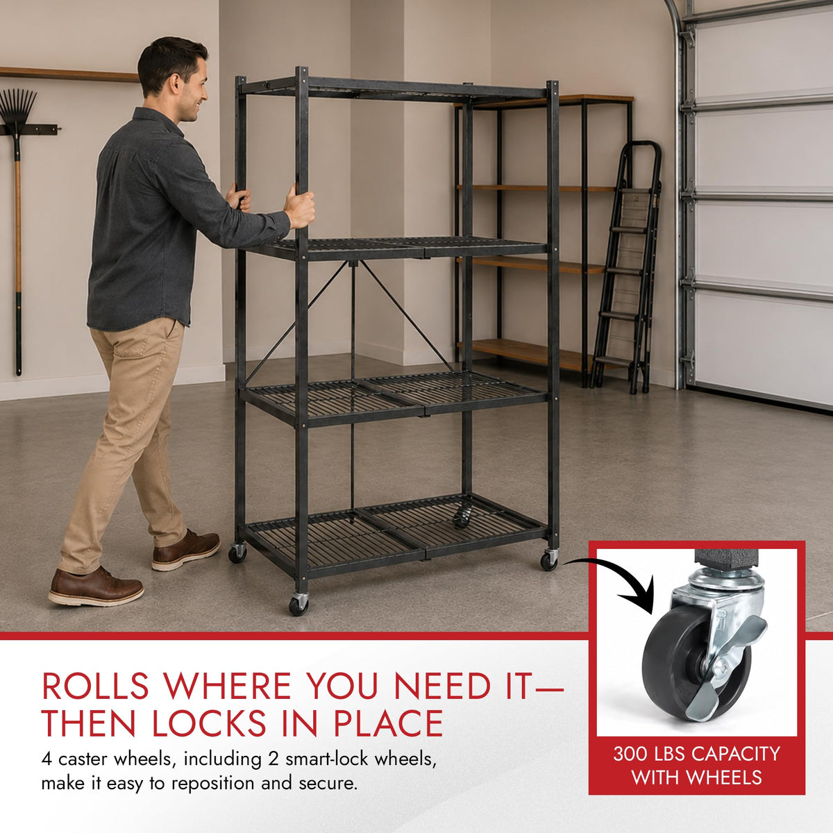 Origami 4 Tier Multipurpose Folding Storage Rack with Wheels, 4 Pack, Gray