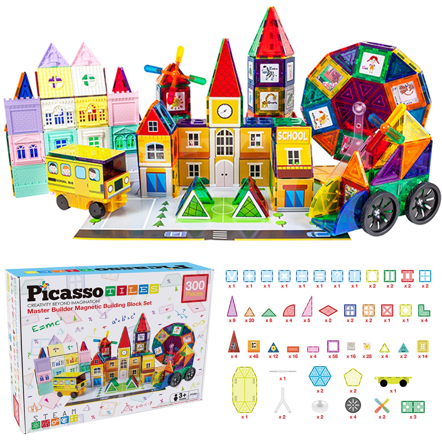 Picasso Tiles 3in1 Master Builder Magnetic Kids Block Set, 300 Piece (Open Box) - VMInnovations
