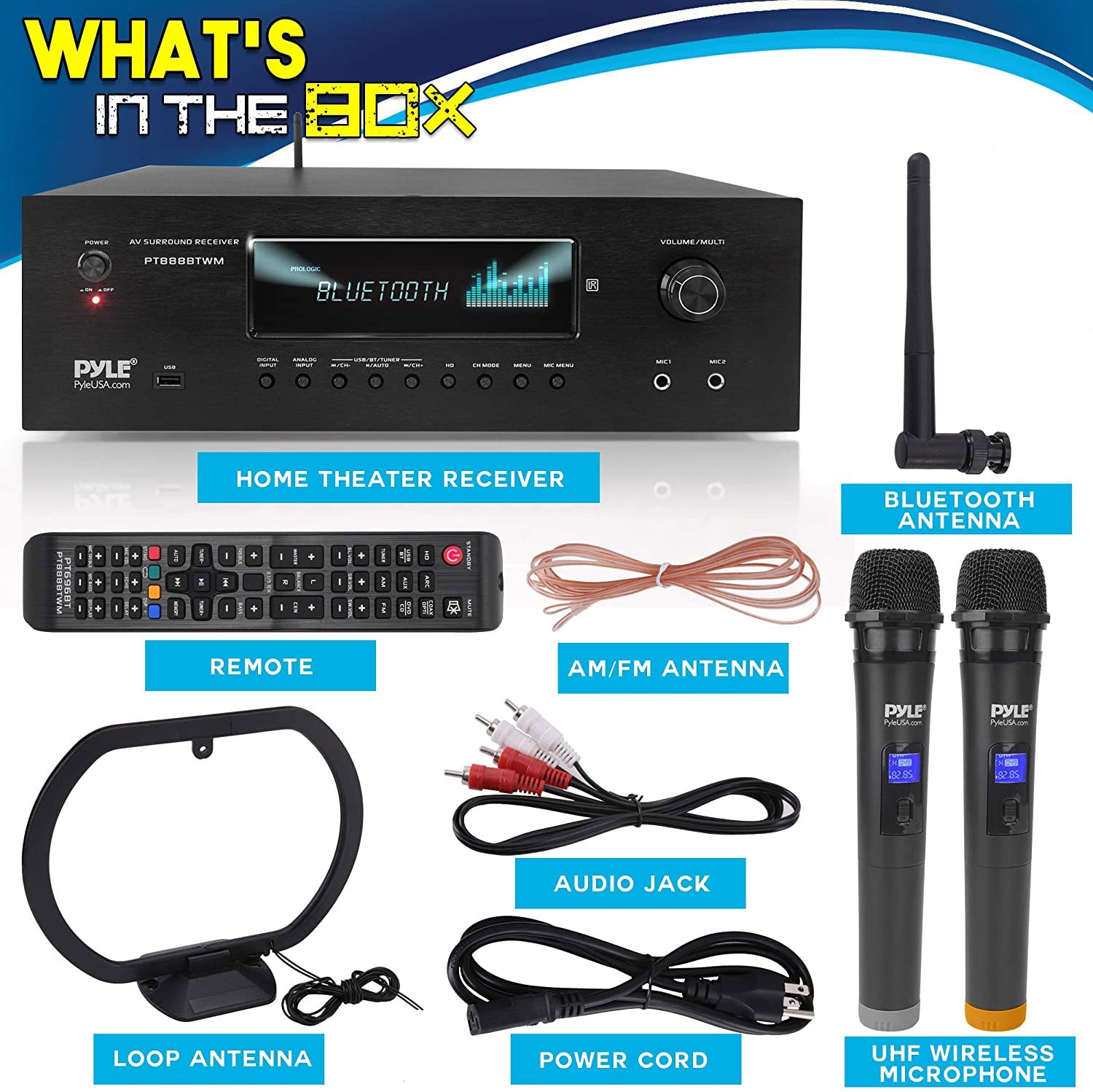 Pyle 5.2 Channel Bluetooth Audio Receiver Amp w/ 2 Microphones, Black (Open Box) - VMInnovations