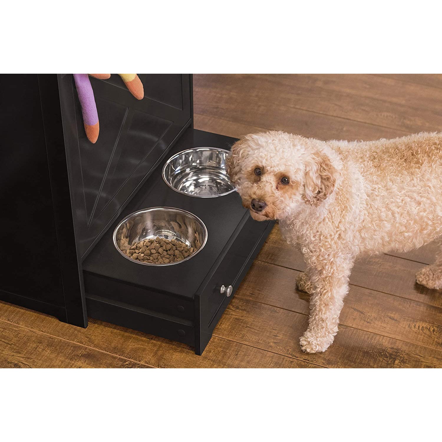 Zoovilla Pet Feeder Large Storage Bin with Hidden Elevated Dog Bowl Stand, Black