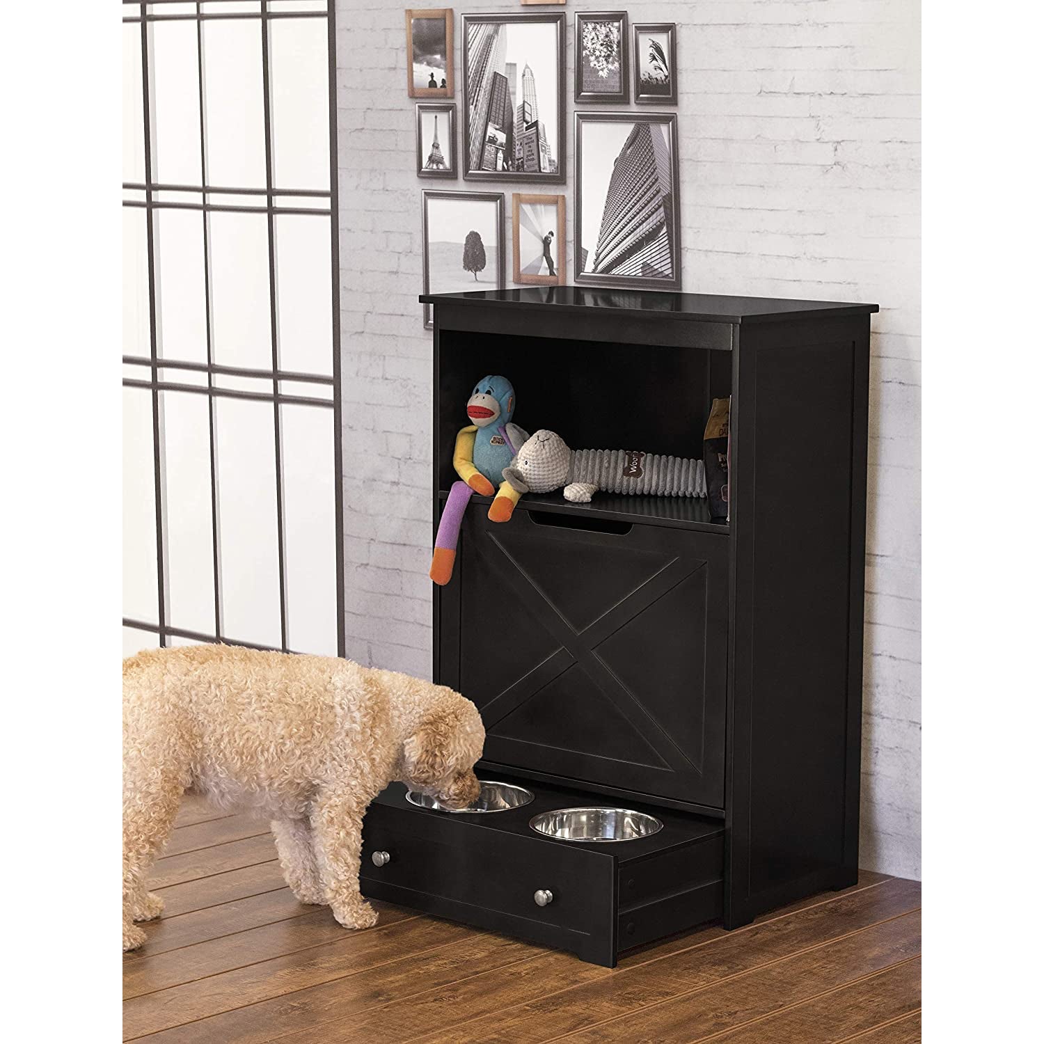 Zoovilla Pet Feeder Large Storage Bin with Hidden Elevated Dog Bowl Stand, Black
