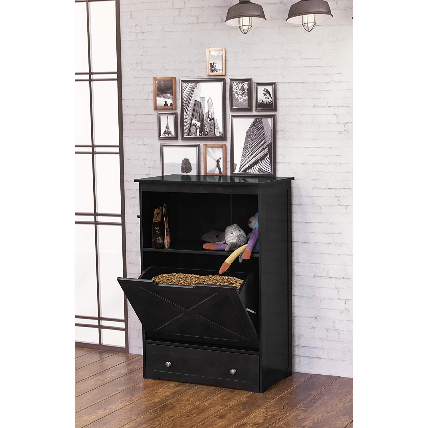 Zoovilla Pet Feeder Large Storage Bin with Hidden Elevated Dog Bowl Stand, Black