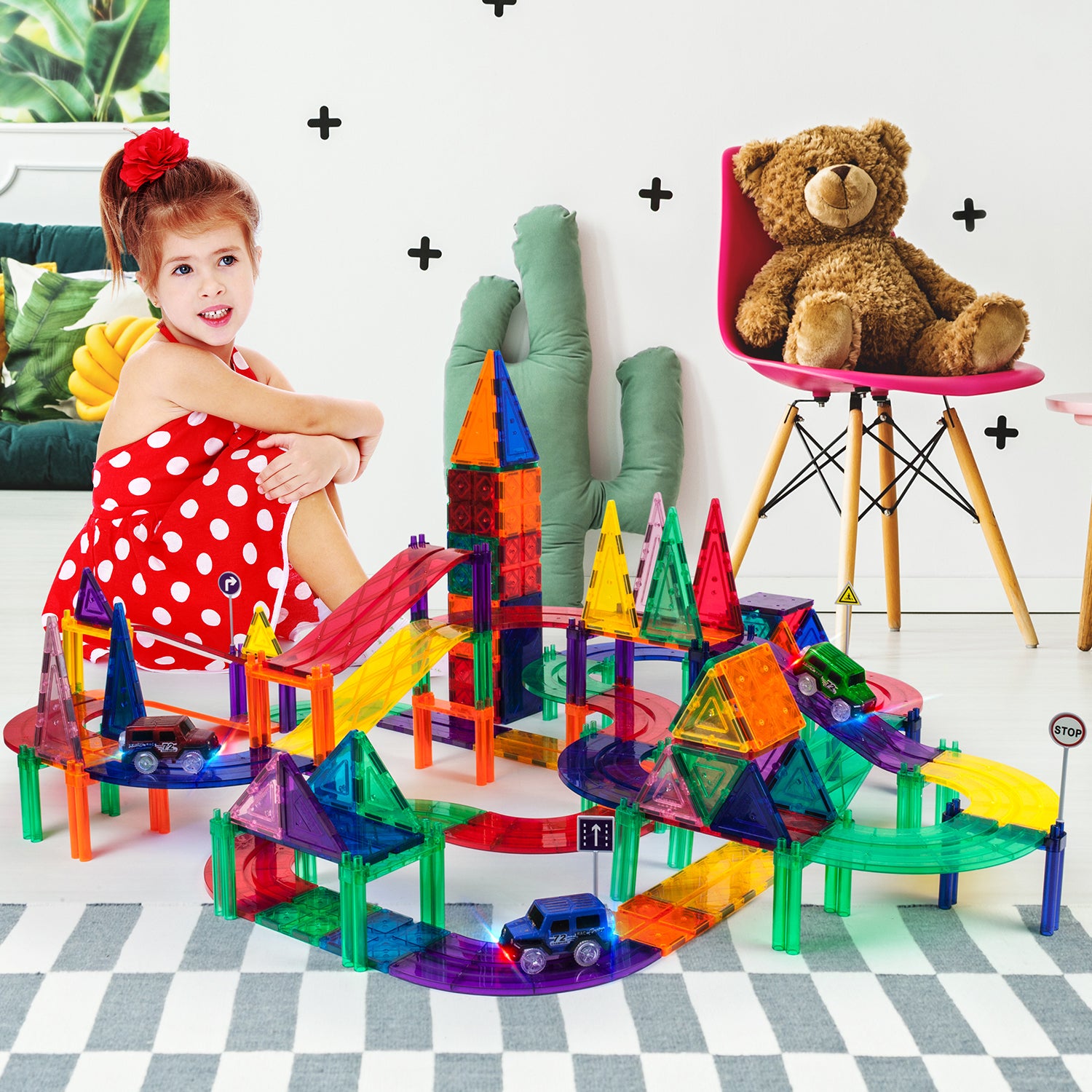 128 Piece Magnetic Kids Toy Building Kit Race Track Set w/ 3 Cars (Used) - VMInnovations