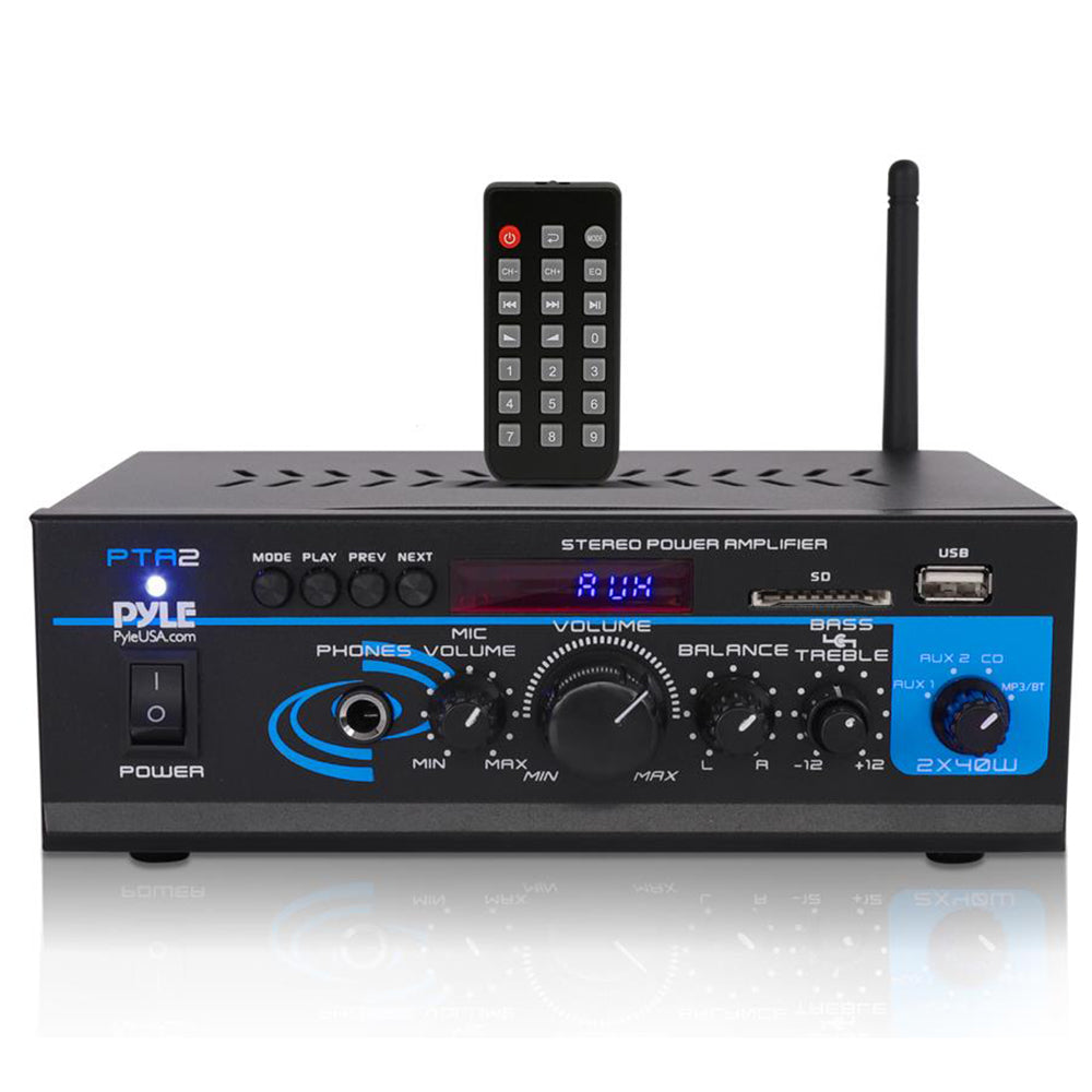 Pyle PTA2 2 x 40W Home Stereo Mini Bluetooth Power Amplifier with Remote Control