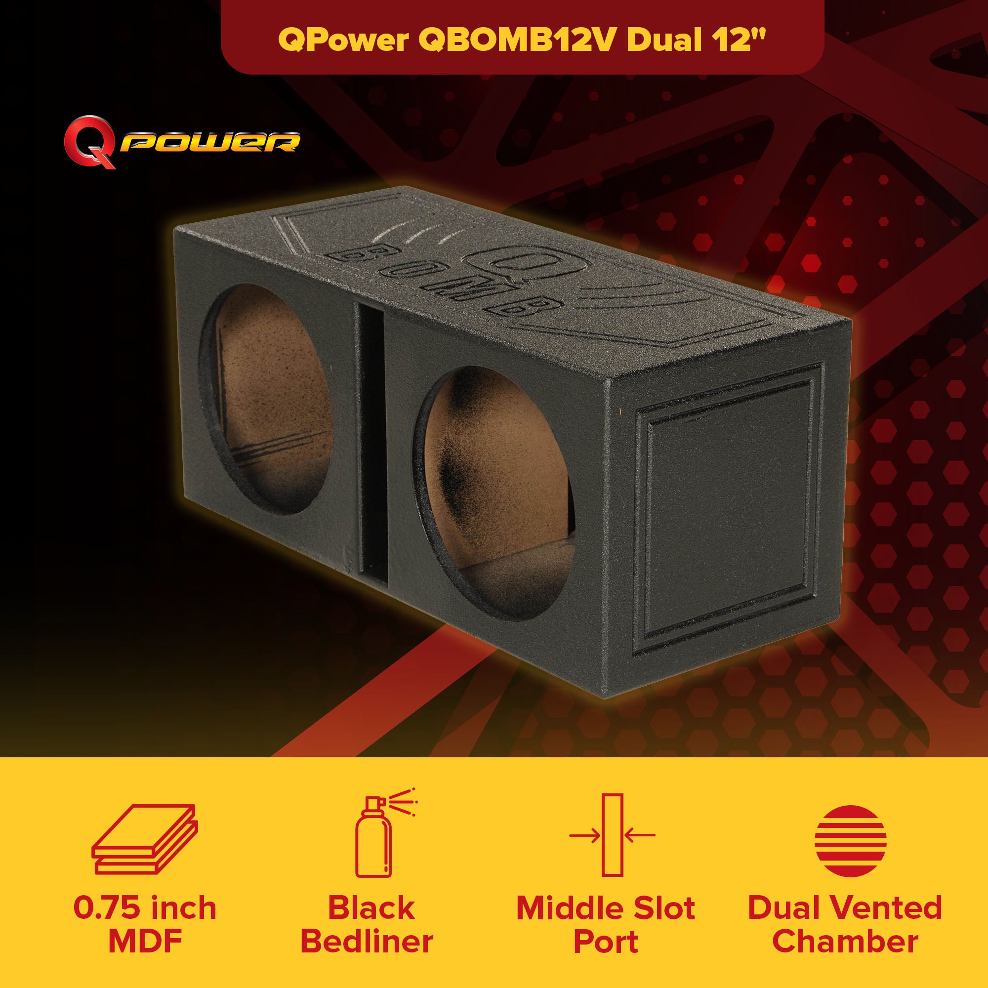 Q-POWER QBOMB12V 12" Rhino Lined Dual Vented Car Sub Box Enclosure (Open Box)
