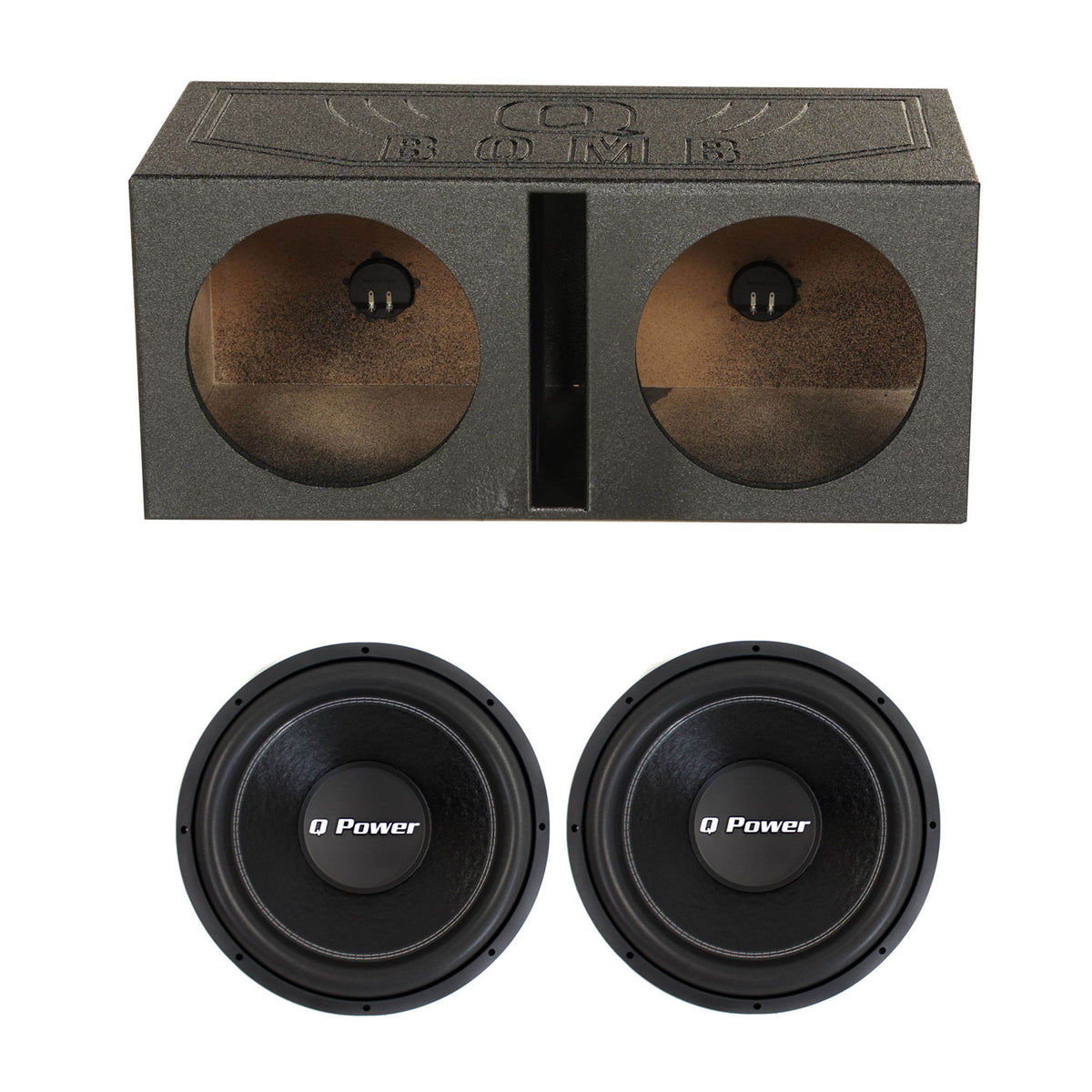 QPower Dual Port 12 Inch Vented Subwoofer Box and 1700 Watt Subwoofer (2 Pack)