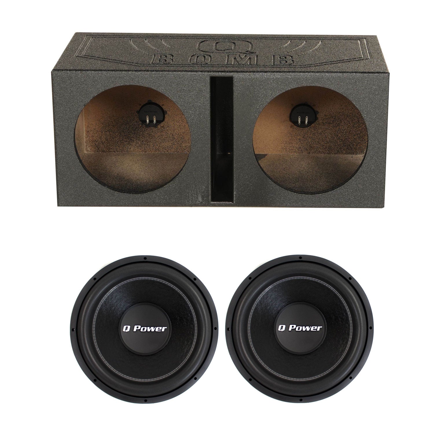 QPower Dual Port 12 Inch Vented Subwoofer Box and 1700 Watt Subwoofer (2 Pack)