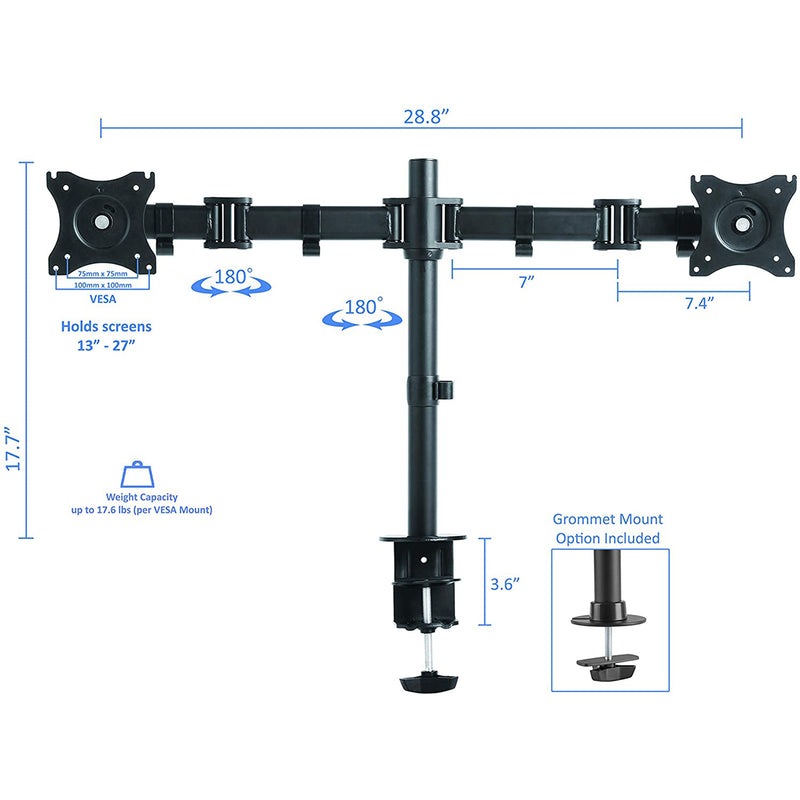 Rocelco Premium Adjustable Double Monitor Desk Mount, Fits 13-27 In LED Screens