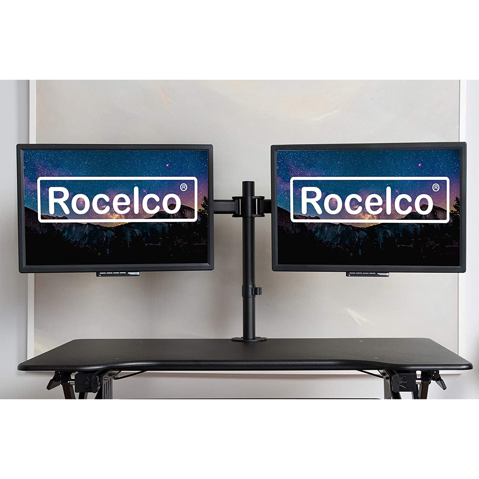 Rocelco 46 In Rising Desk Converter, White & Adjustable Dual Monitor Desk Mount - VMInnovations
