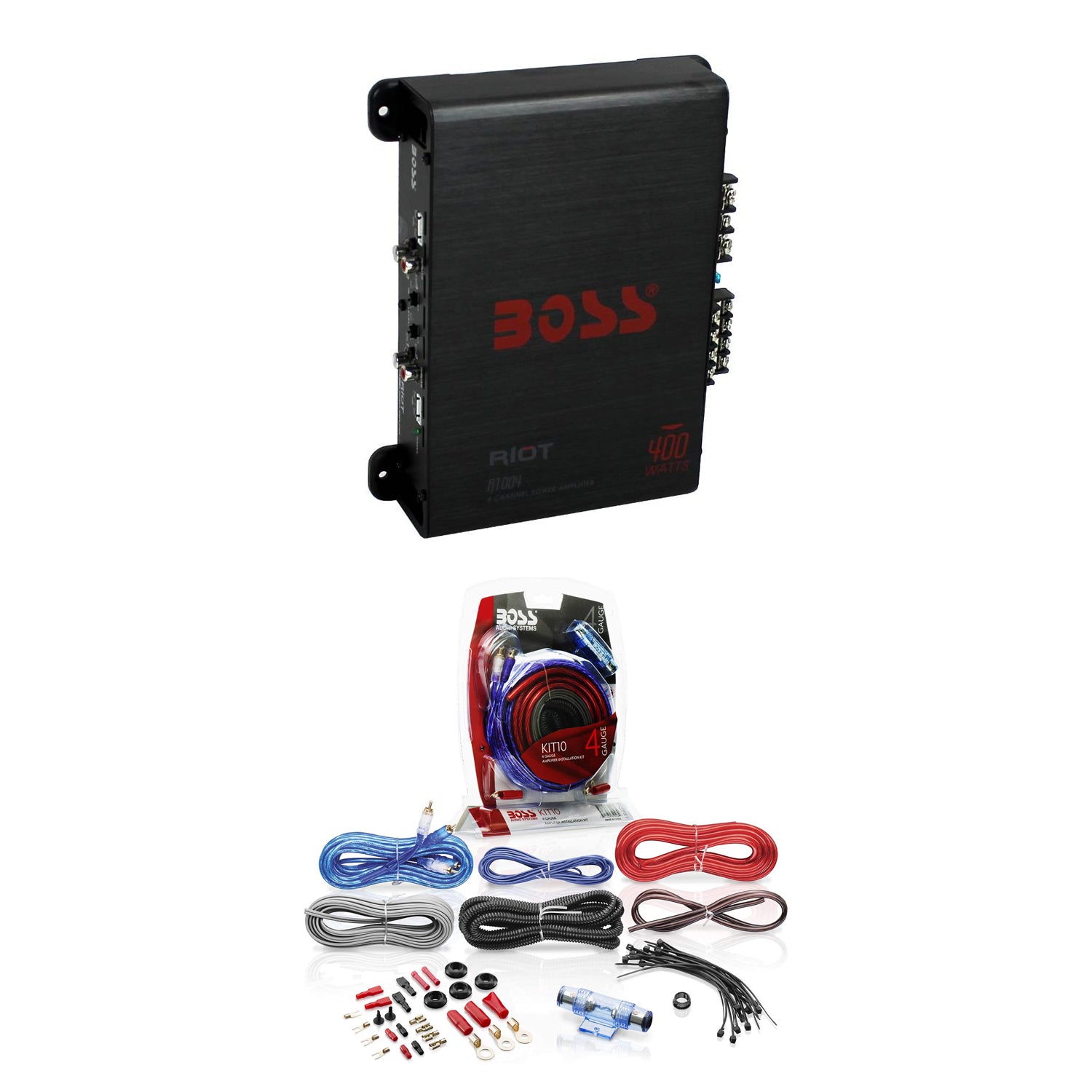 BOSS R1004 400W 4-Channel RIOT Car Audio Power Amplifier Amp + 4 Gauge Amp Kit - VMInnovations