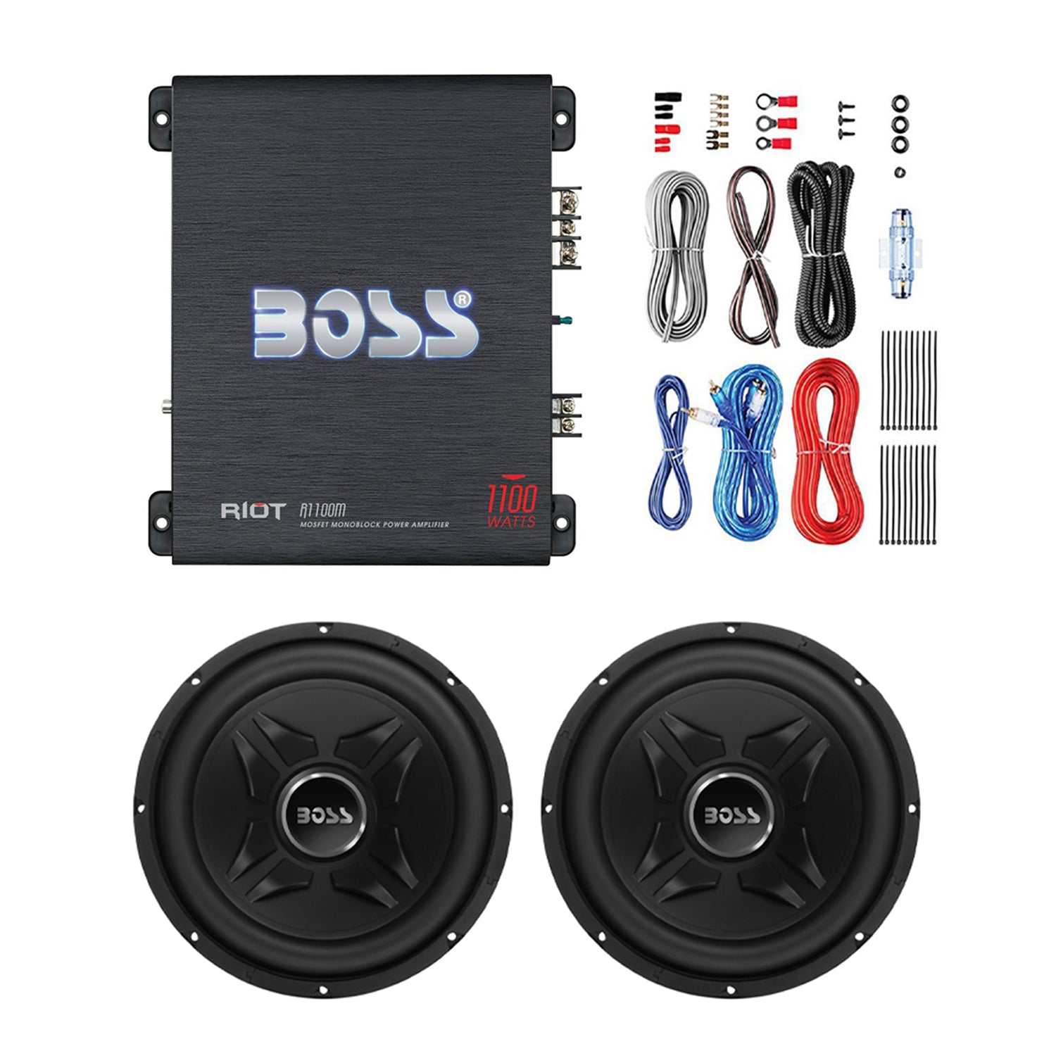 Boss Riot 1100W Amplifier & 2 12" 1000W 32Hz 4-Ohm Subwoofers & Wiring Kit - VMInnovations