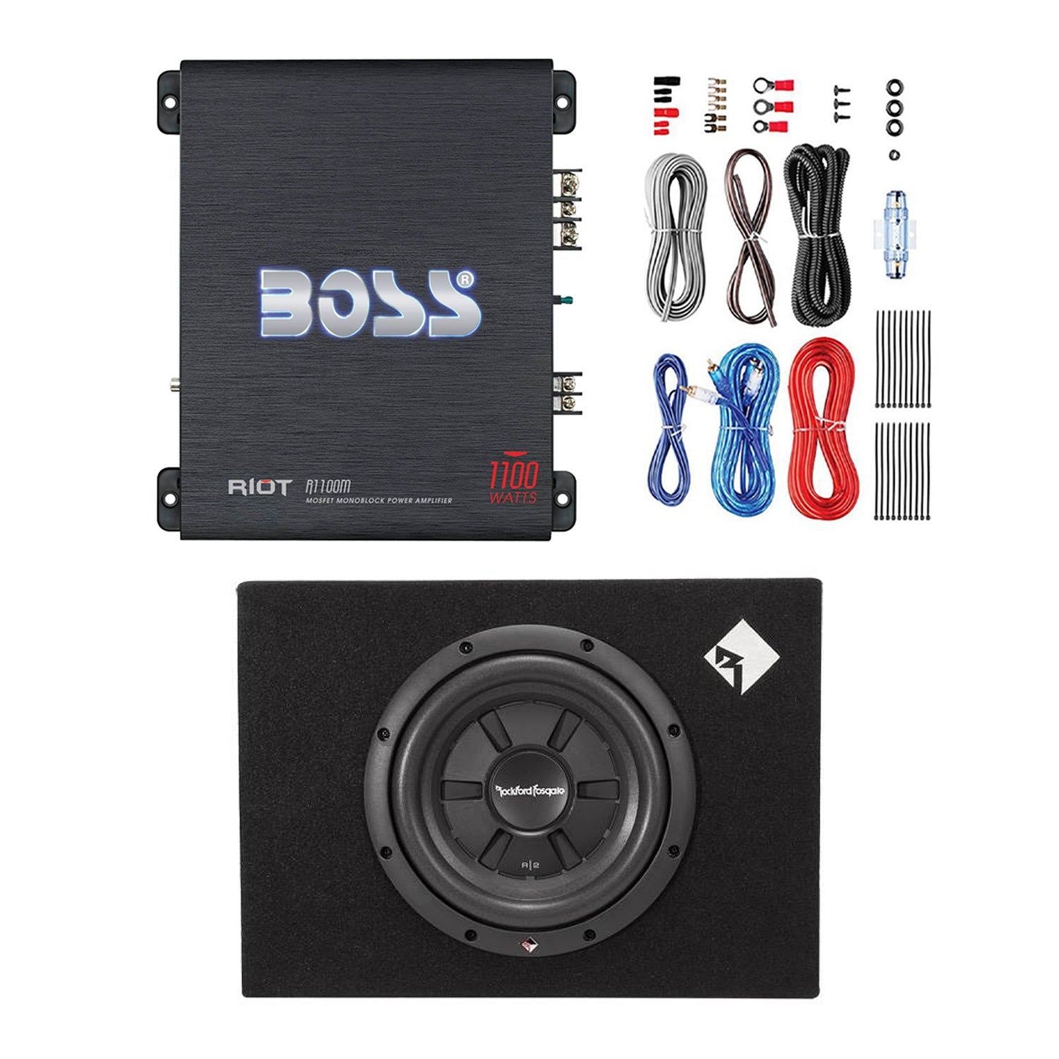 Boss 1100W Class A/B Amplifier & Rockford 10" 400W Car Subwoofer with Enclosure - VMInnovations