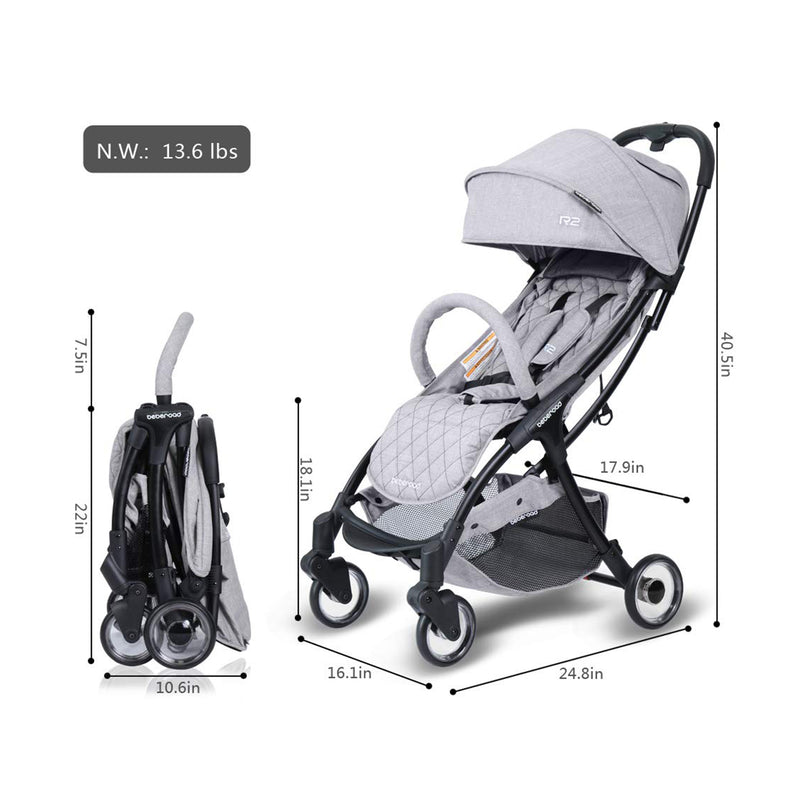 Beberoad R2 Ultra Lightweight Baby Newborn Stroller w/ Waterproof Canopy, Grey