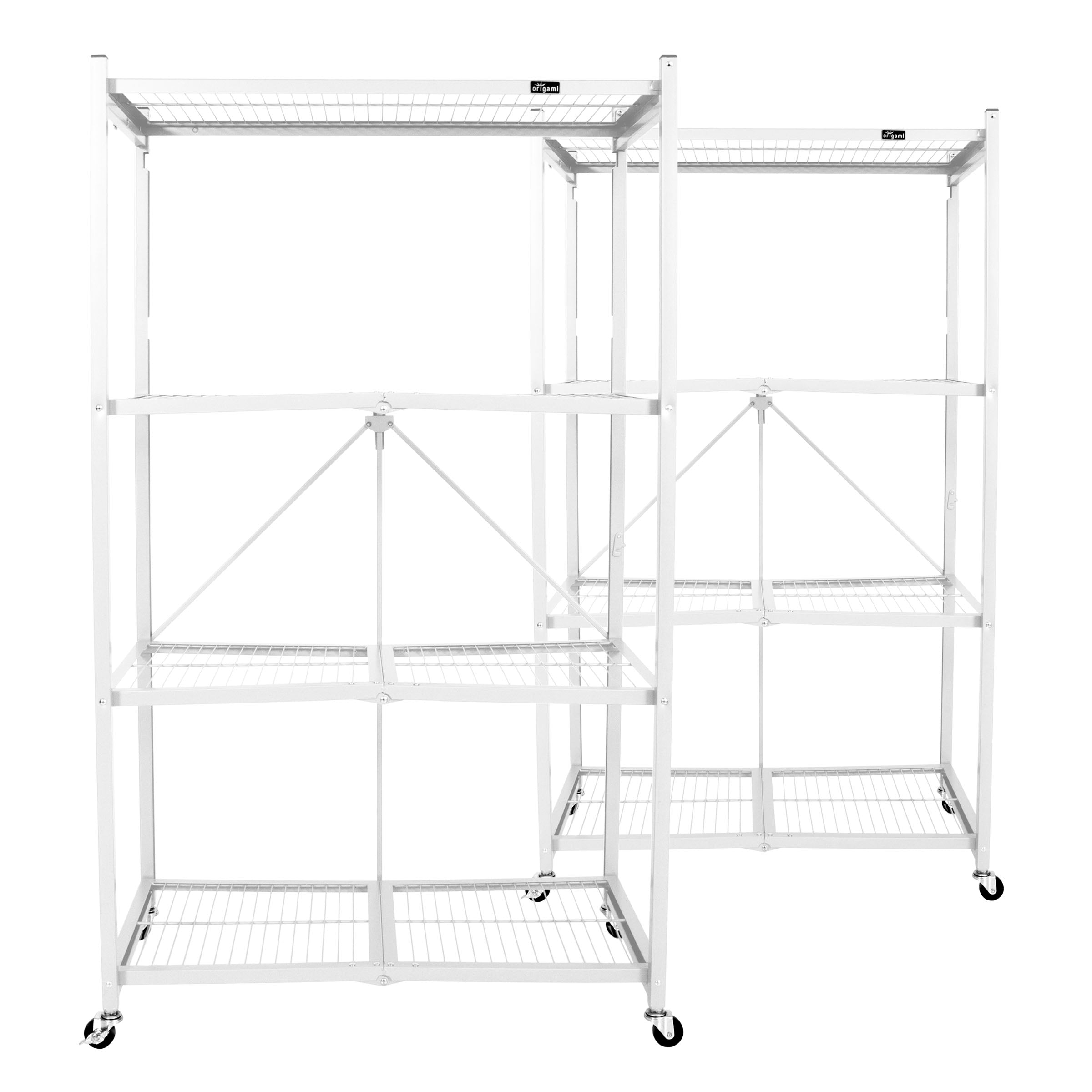Origami Wheeled 4-Shelf Folding Steel Wire Shelving, White, 2 Pack (21"x36"x60")