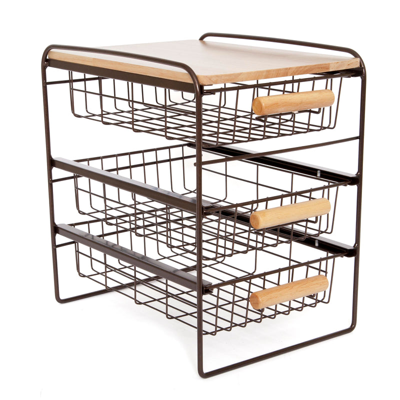 Origami Wood Top Steel Kitchen Organizer 3 Mesh Basket Sliding Drawer (2 Pack)