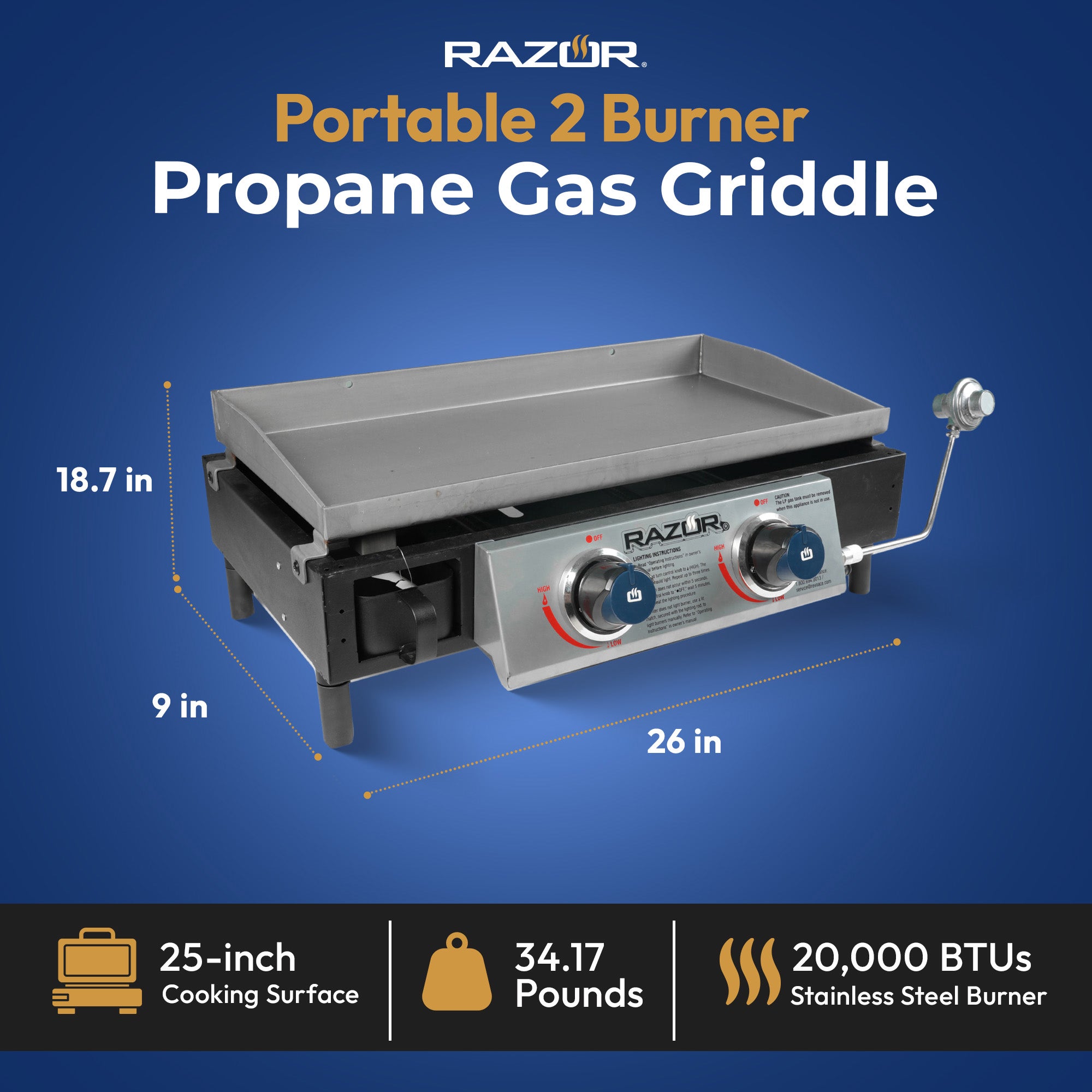 Razor Griddle GGT2130M 25 Inch Portable 2 Burner LP Propane Gas Grill, Steel - VMInnovations
