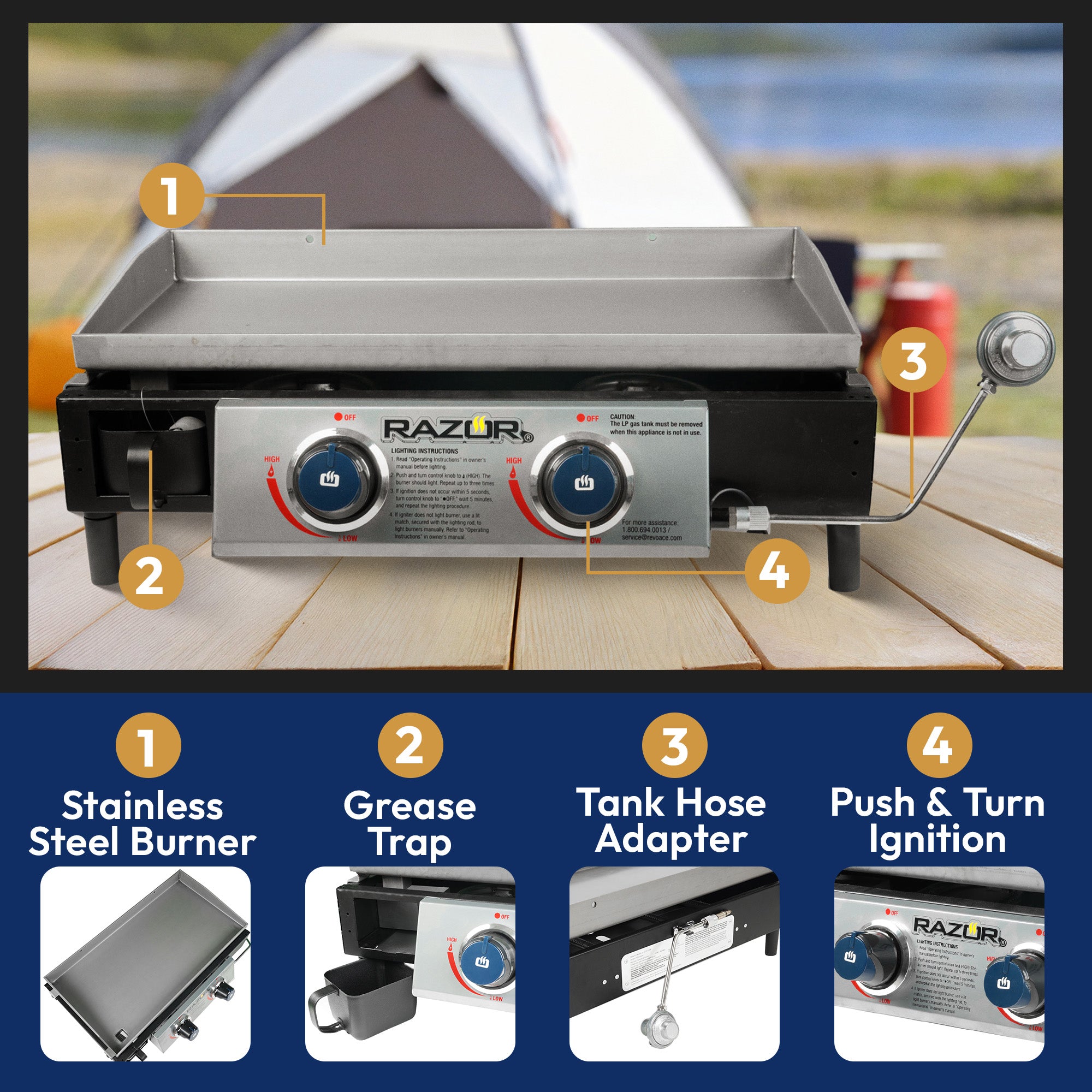 Razor Universal Rolling Prep Cart and 25 Inch Double Burner LP Propane Gas Grill - VMInnovations