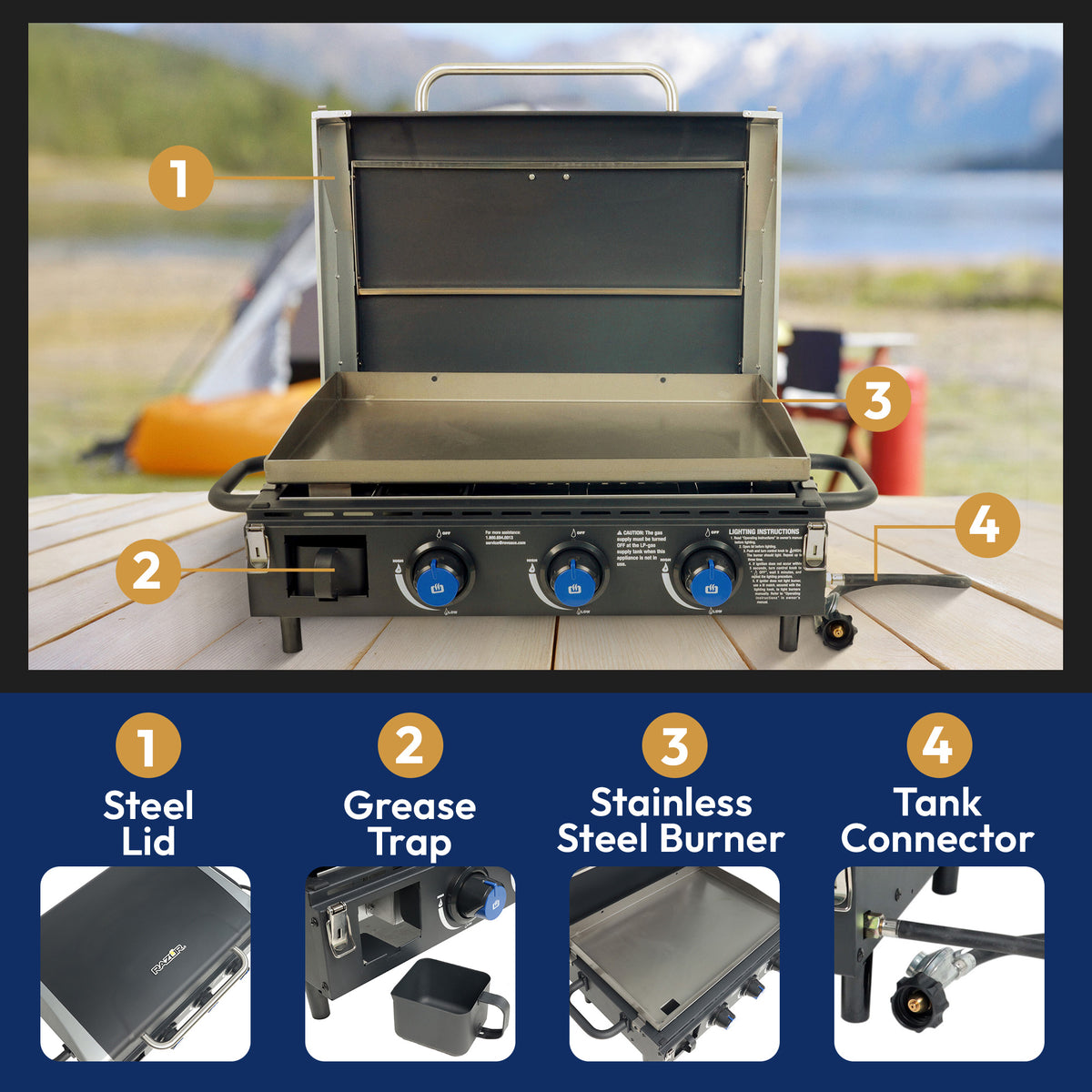 Razor 34.5" 3-Burner Tabletop Griddle for Backyard Cooking & Camping (For Parts) - VMInnovations