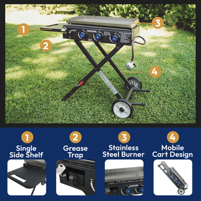 Razor Griddle Portable 3 Burner 30,000 BTU Gas Grill & Griddle Cart w/Side Shelf