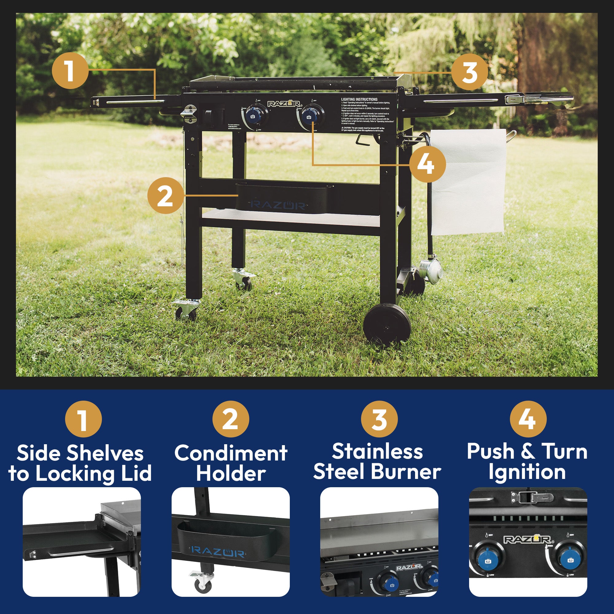 Razor Griddle Portable 2 Burner 30,000 BTU Gas Grill & Griddle Cart w/Shelves - VMInnovations