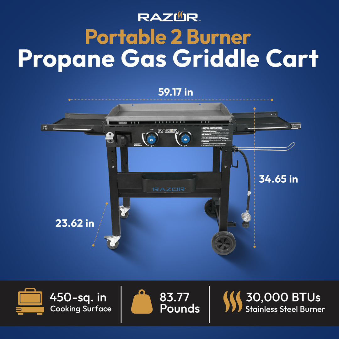Razor Griddle Portable 2 Burner 30,000 BTU Gas Grill & Griddle Cart w/Shelves - VMInnovations