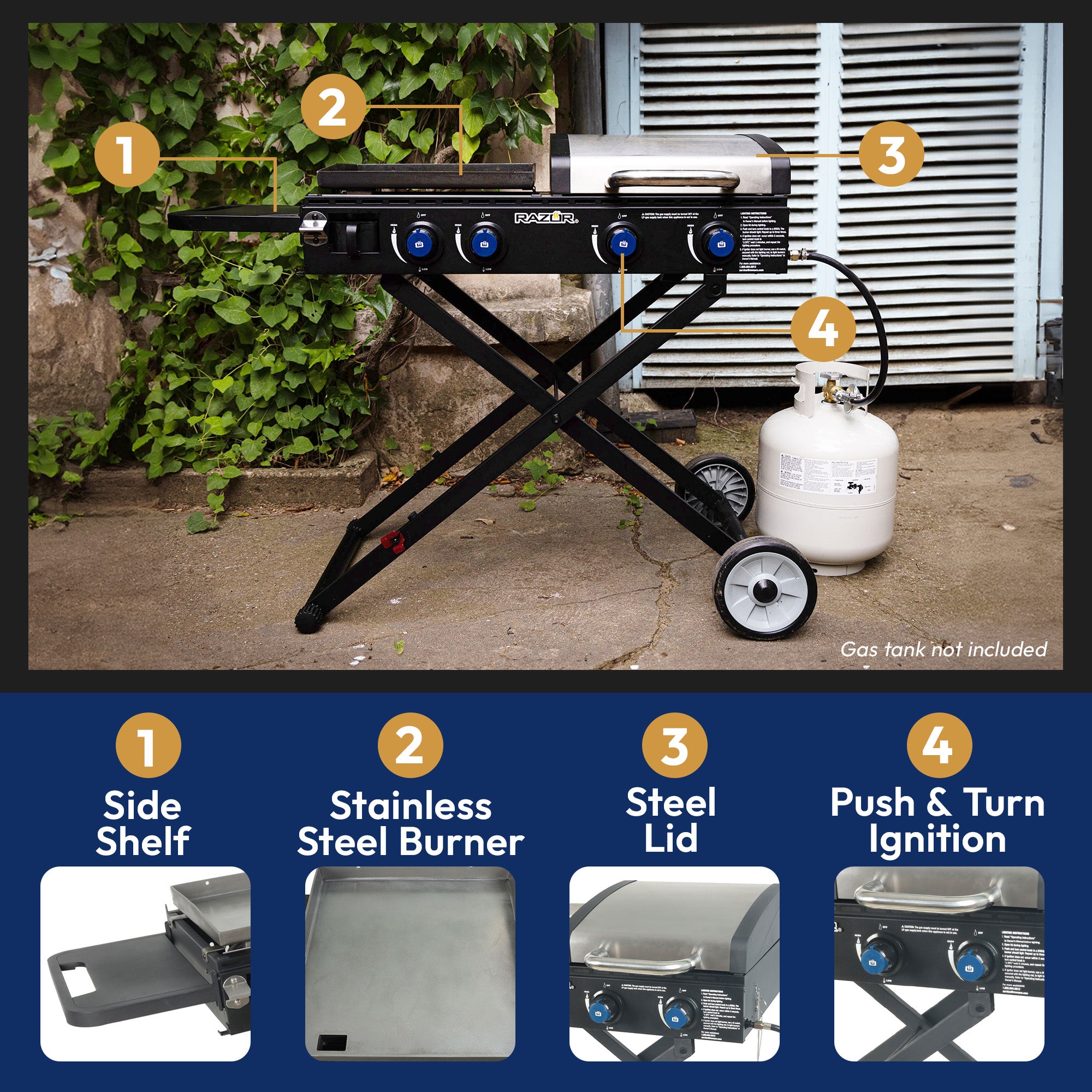 Razor Griddle Portable 4 Burner 40,000 BTU Gas Grill and Griddle Cart with Lid - VMInnovations