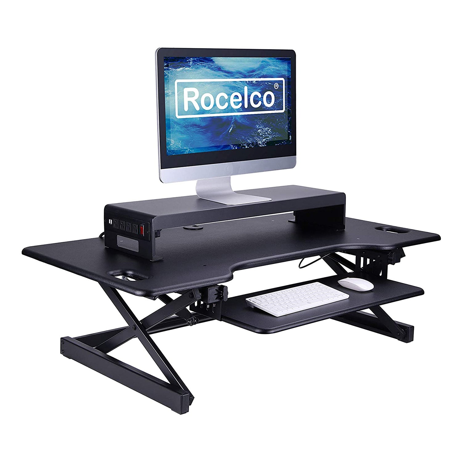 Rocelco Adjustable Standing Desk Converter, Teak & 30 Inch Dual Monitor Stand - VMInnovations