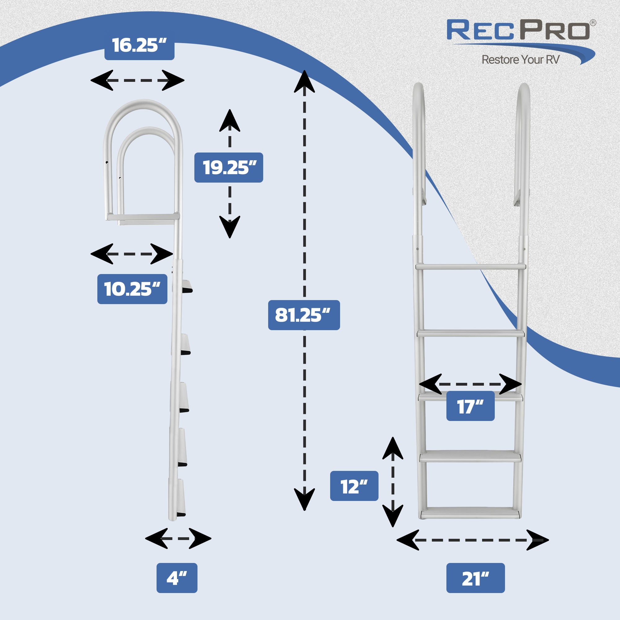 RecPro 5 Step Aluminum Marine Grade Dock and Pier Stationary Ladder, Silver - VMInnovations